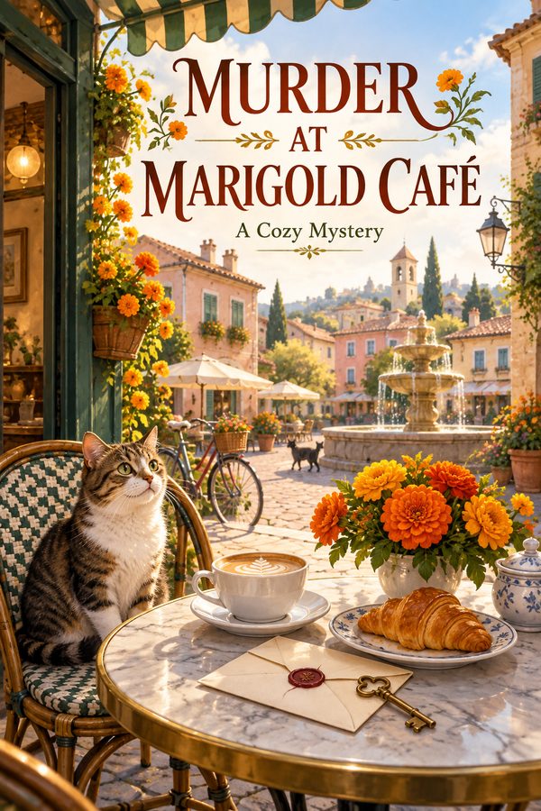 Обложка «Murder at Marigold Café», создана в AI Studio